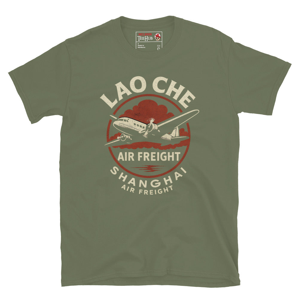 Military Green T-shirt featuring a retro prop plane with text “Lao Che Air Freight Shanghai” in a vintage Indiana Jones–style design.