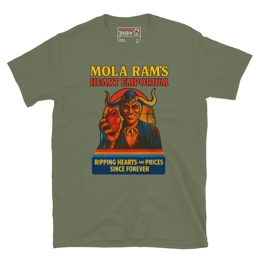 Military Green T-shirt featuring a parody ad of Mola Ram holding a heart with the text “Mola Ram’s Heart Emporium – Ripping hearts and prices since forever.”