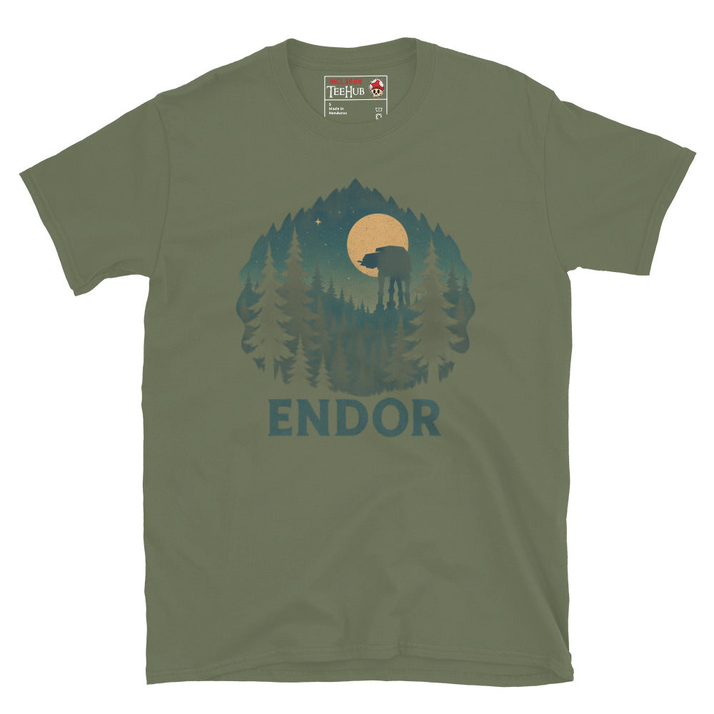 Military Green T-shirt featuring a forest scene with trees, full moon, and an AT-AT silhouette, with the word “Endor” below – inspired by Star Wars.