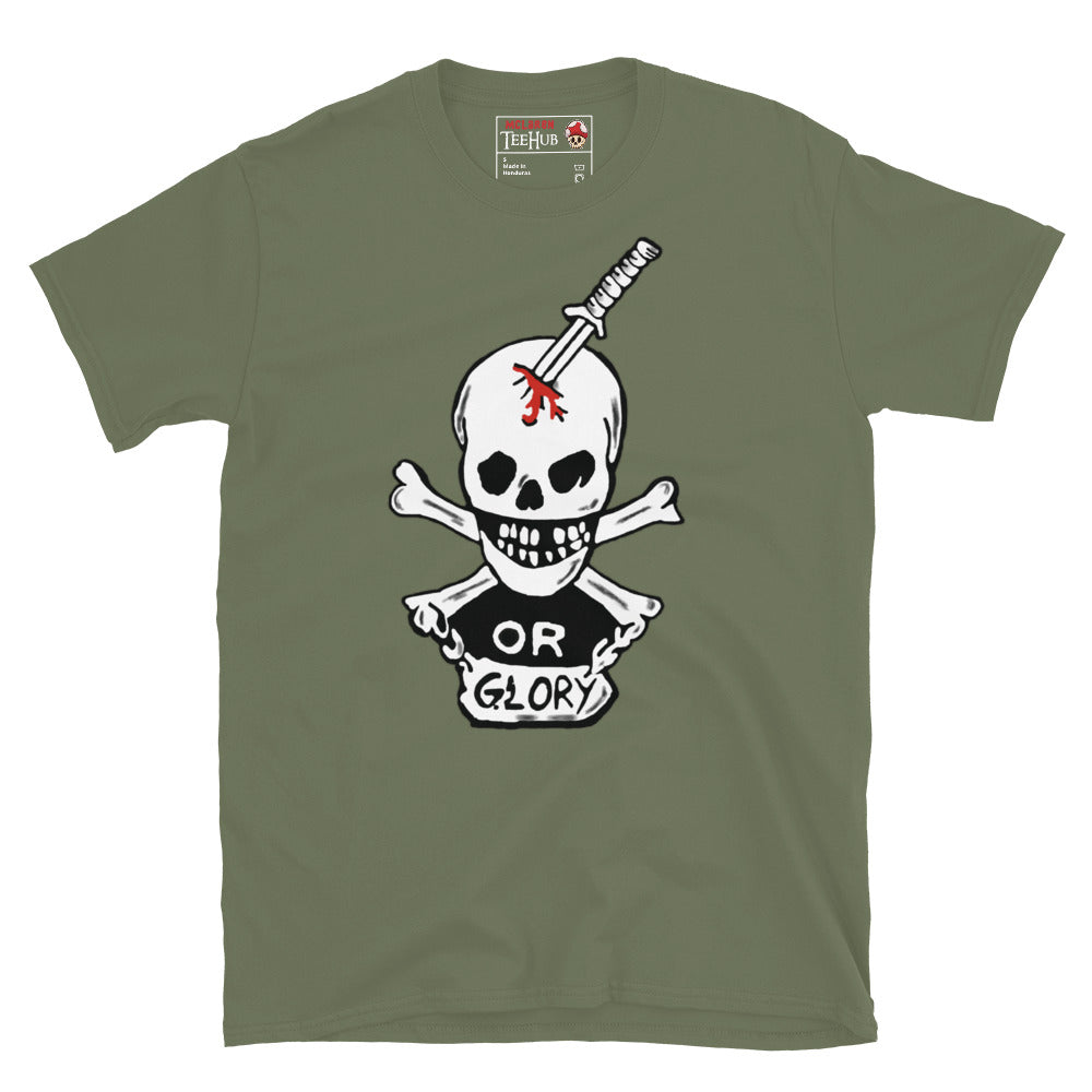Military Green T-shirt featuring the "Or Glory" skull and katana design inspired by Private Hudson's body armor from the movie Aliens.
