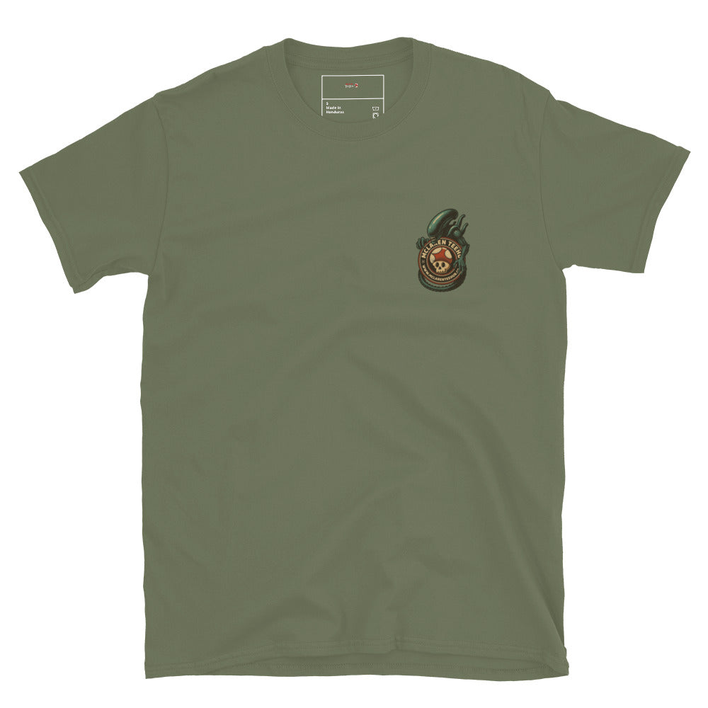 Military green T-shirt with front pocket-sized graphic of a xenomorph coiled around McLaren Tee Hub logo.