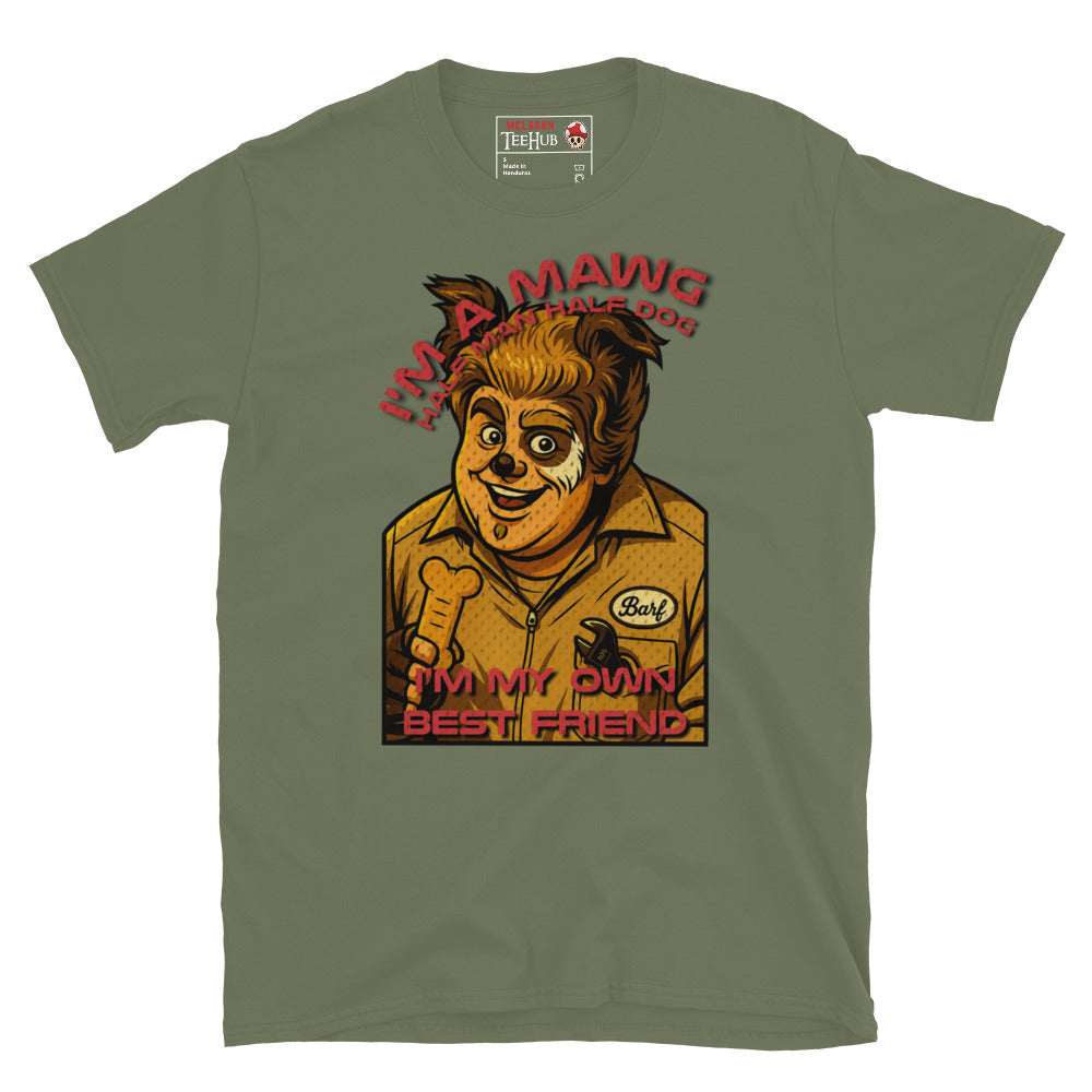 Parody Military Green T-shirt featuring Barf from Spaceballs with the quote “I’m a Mawg – I’m my own best friend”