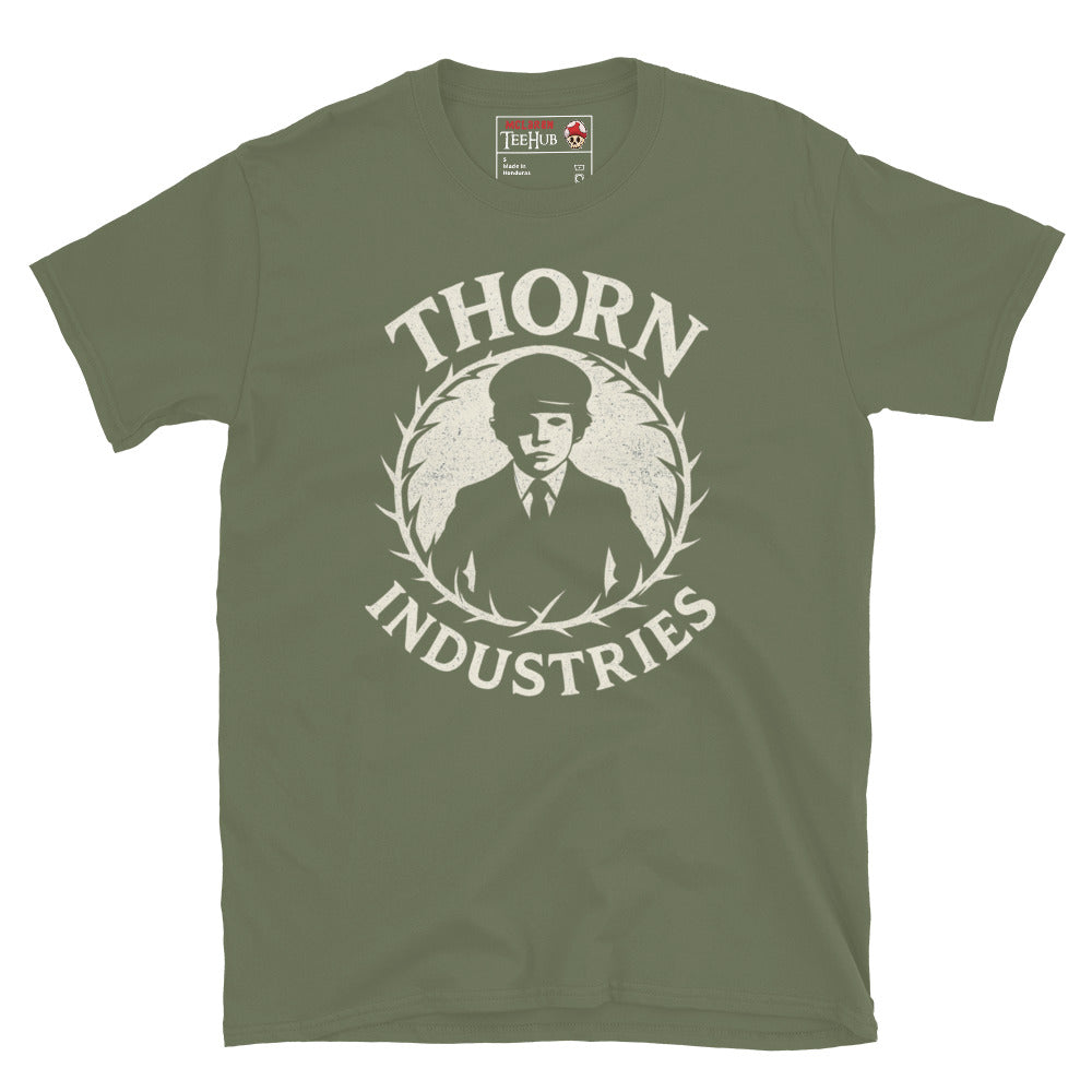 Military Green T-shirt featuring the fictional "Thorn Industries" logo with a silhouette of Damien Thorn from The Omen, surrounded by a thorny wreath.