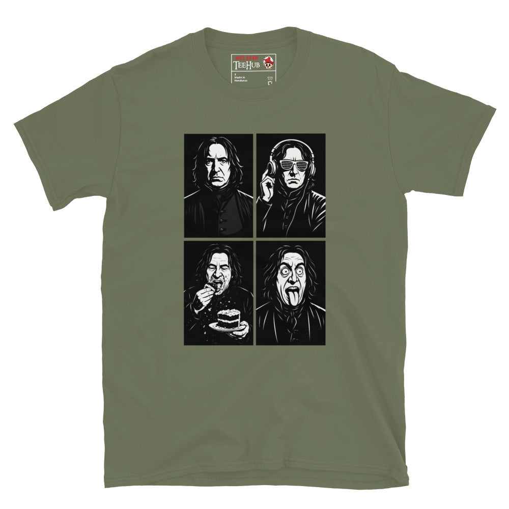 Severus Snape Funny Expressions Military Green T-Shirt – DJ, Cake, and Crazy Faces Design"