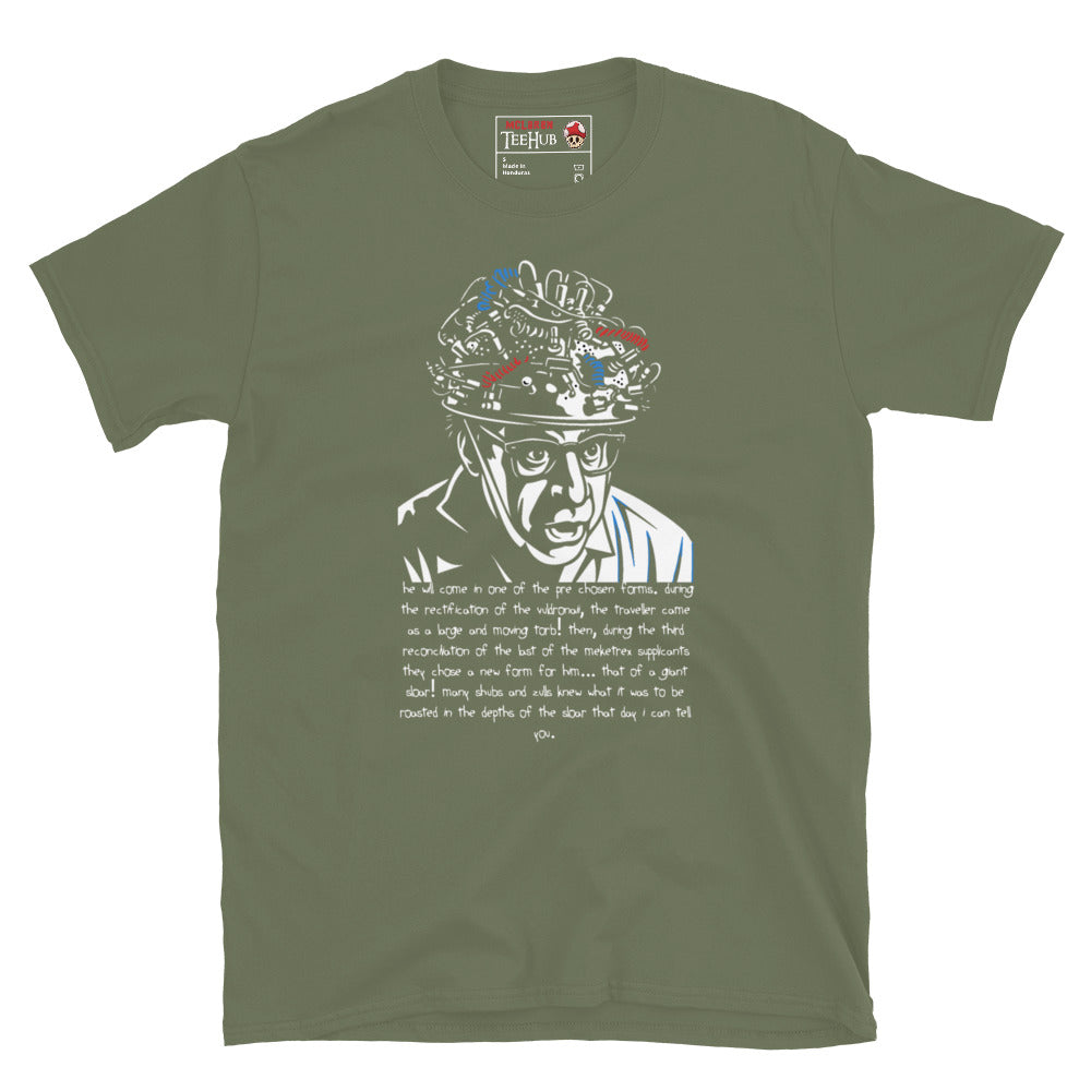 Military Green Ghostbusters T-shirt featuring Louis Tully with a wired helmet and the Giant Sloar quote, exclusive to McClaren Tee Hub.