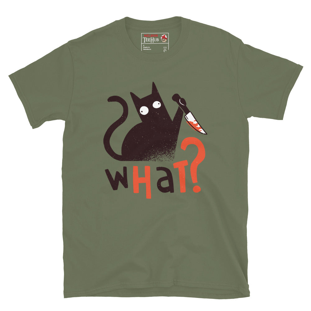 Killer cat graphic tee for horror fans and cat lovers, military green t-shirt