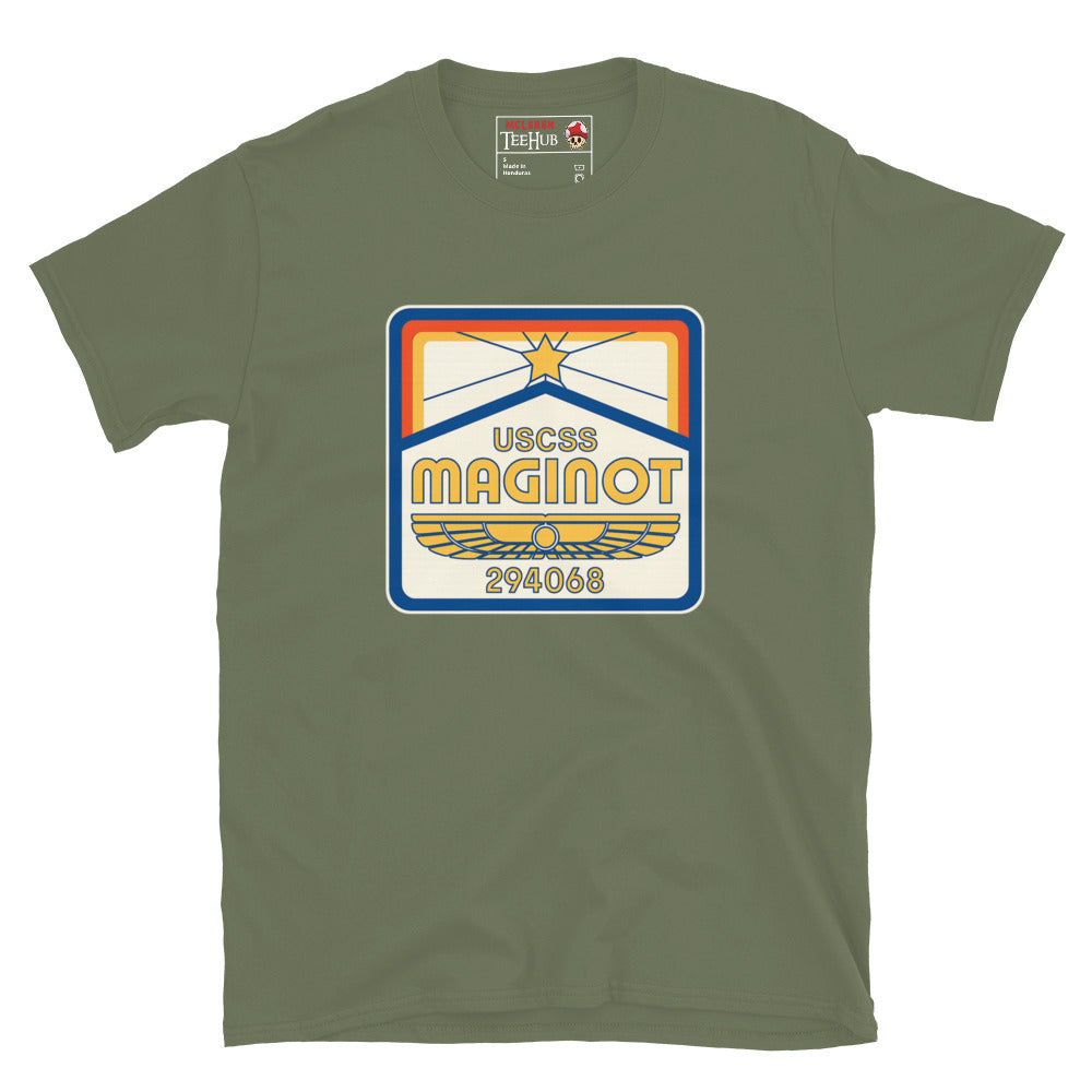 Military Green T-shirt with USCSS Maginot retro crew badge design – Aliens Earth inspired sci-fi fashion.