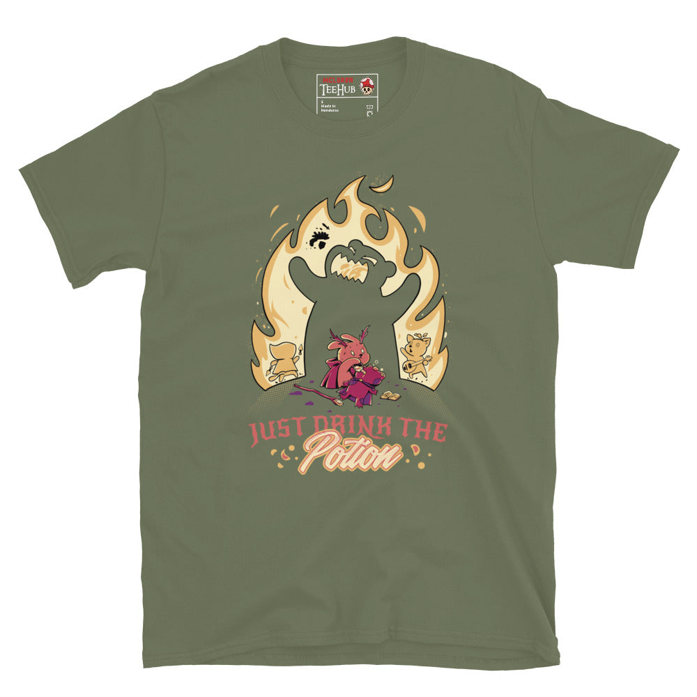 Dark fantasy cartoon villain potion shirt – military green Halloween graphic tee – McLaren TeeHub limited edition