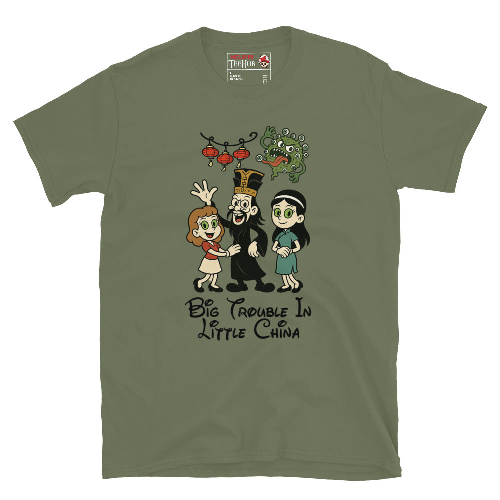 Big Trouble in Little China Rubber Hose Cartoon Military green T-Shirt – Lo Pan, Gracie & Miao Yin Parody – McLaren T-Hub Exclusive