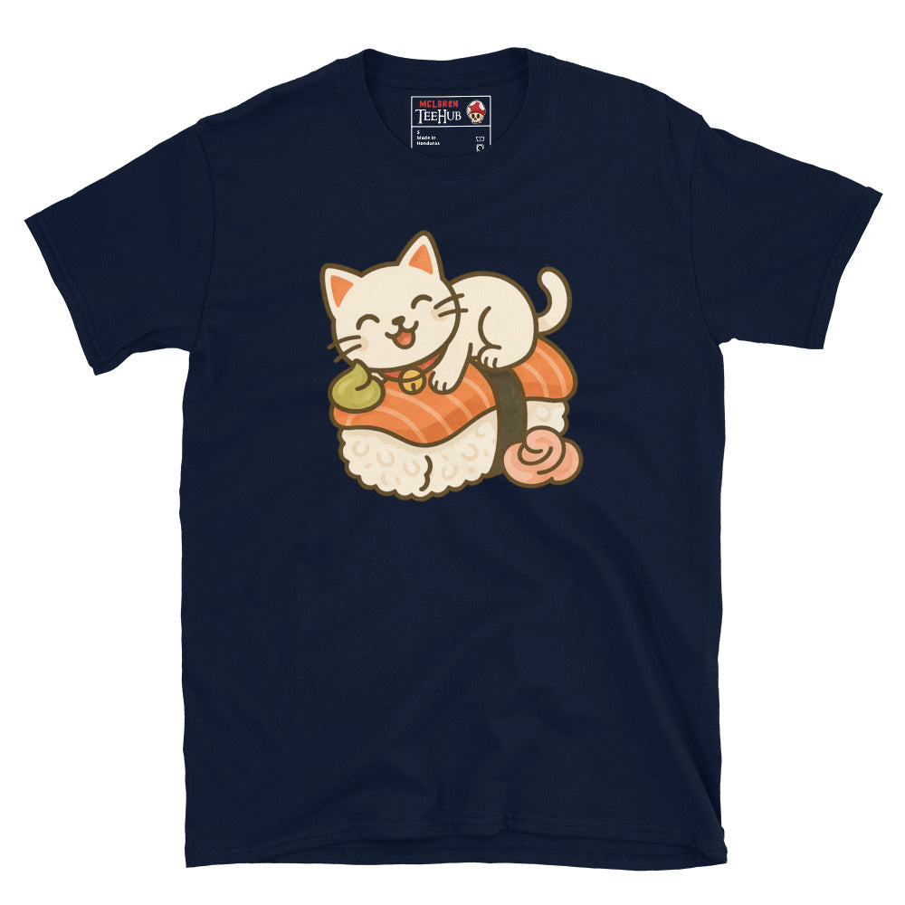 Navy blue t-shirt featuring a kawaii cartoon cat lounging on a piece of salmon nigiri sushi with wasabi and ginger.
