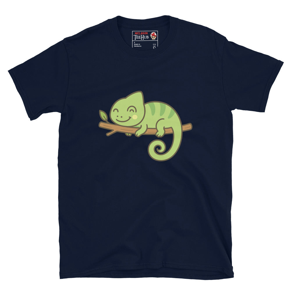 Navy blue t-shirt with a green chameleon graphic on a white background