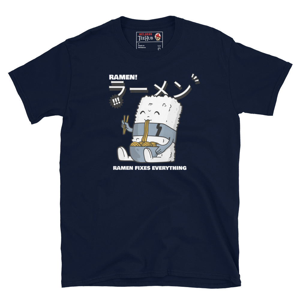 Cute ramen cartoon T-shirt with Japanese text and a rice character holding noodles – "Ramen Fixes Everything" design. Navy