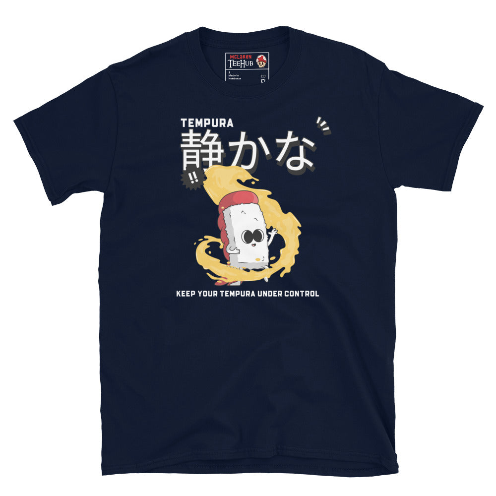 Navy Blue T-shirt with cartoon tempura sushi meditating in batter swirl and Japanese text saying “Keep Your Tempura Under Control.”
