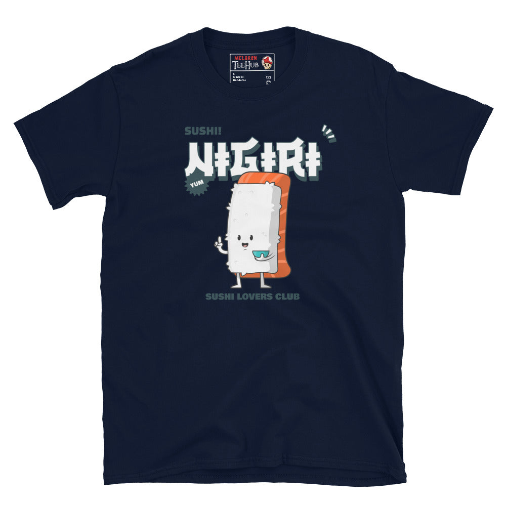 Navy blue T-shirt featuring a cute cartoon salmon nigiri with “Sushi Lovers Club” text and bold Japanese graphics.