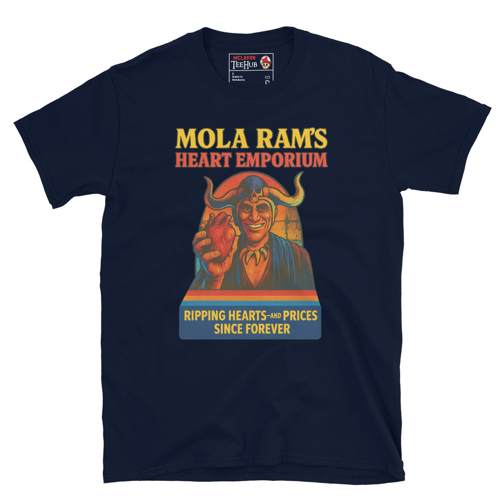 Navy Blue T-shirt featuring a parody ad of Mola Ram holding a heart with the text “Mola Ram’s Heart Emporium – Ripping hearts and prices since forever.”