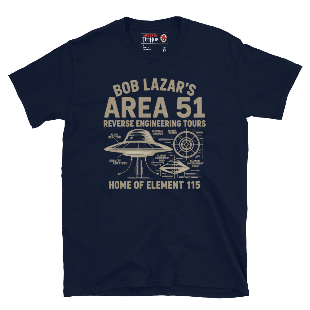 Navy blue T-shirt featuring a vintage UFO schematic with labeled parts and text: “Bob Lazar’s Area 51 Reverse Engineering Tours – Home of Element 115.”