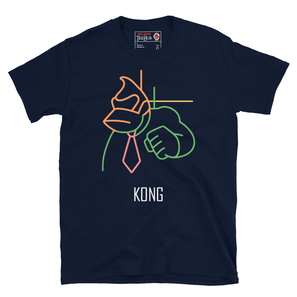 Navy Blue t-shirt featuring neon line art of a tie-wearing gorilla with the word "KONG" underneath. Retro gaming style.