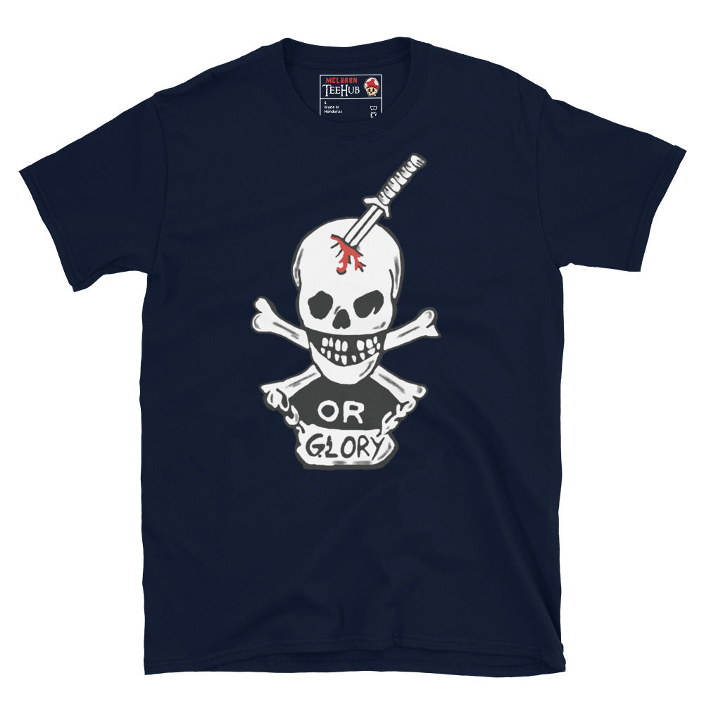 Navy Blue T-shirt featuring the "Or Glory" skull and katana design inspired by Private Hudson's body armor from the movie Aliens.