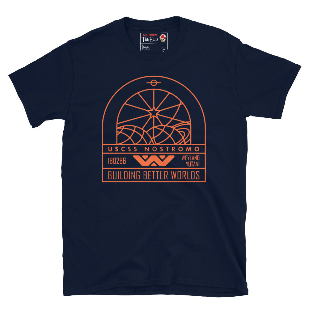 Navy Blue T-shirt featuring a minimalist orange line art graphic of the USCSS Nostromo badge with Weyland-Yutani branding and “Building Better Worlds” slogan.