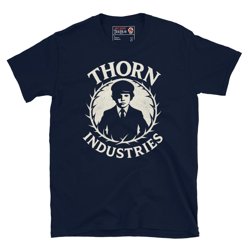 Navy T-shirt featuring the fictional "Thorn Industries" logo with a silhouette of Damien Thorn from The Omen, surrounded by a thorny wreath.