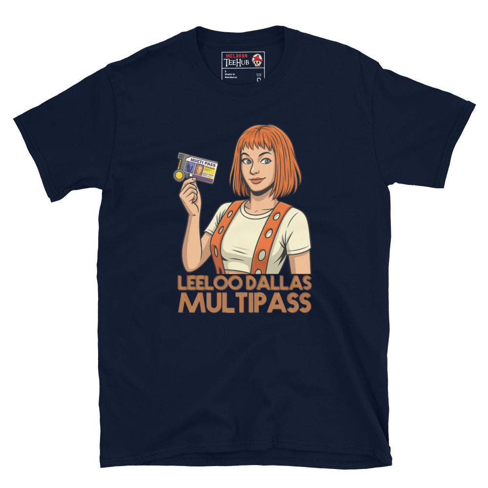 Cartoon-style Leeloo from The Fifth Element holding a multipass with the words “Leeloo Dallas Multipass” on a navy T-shirt.