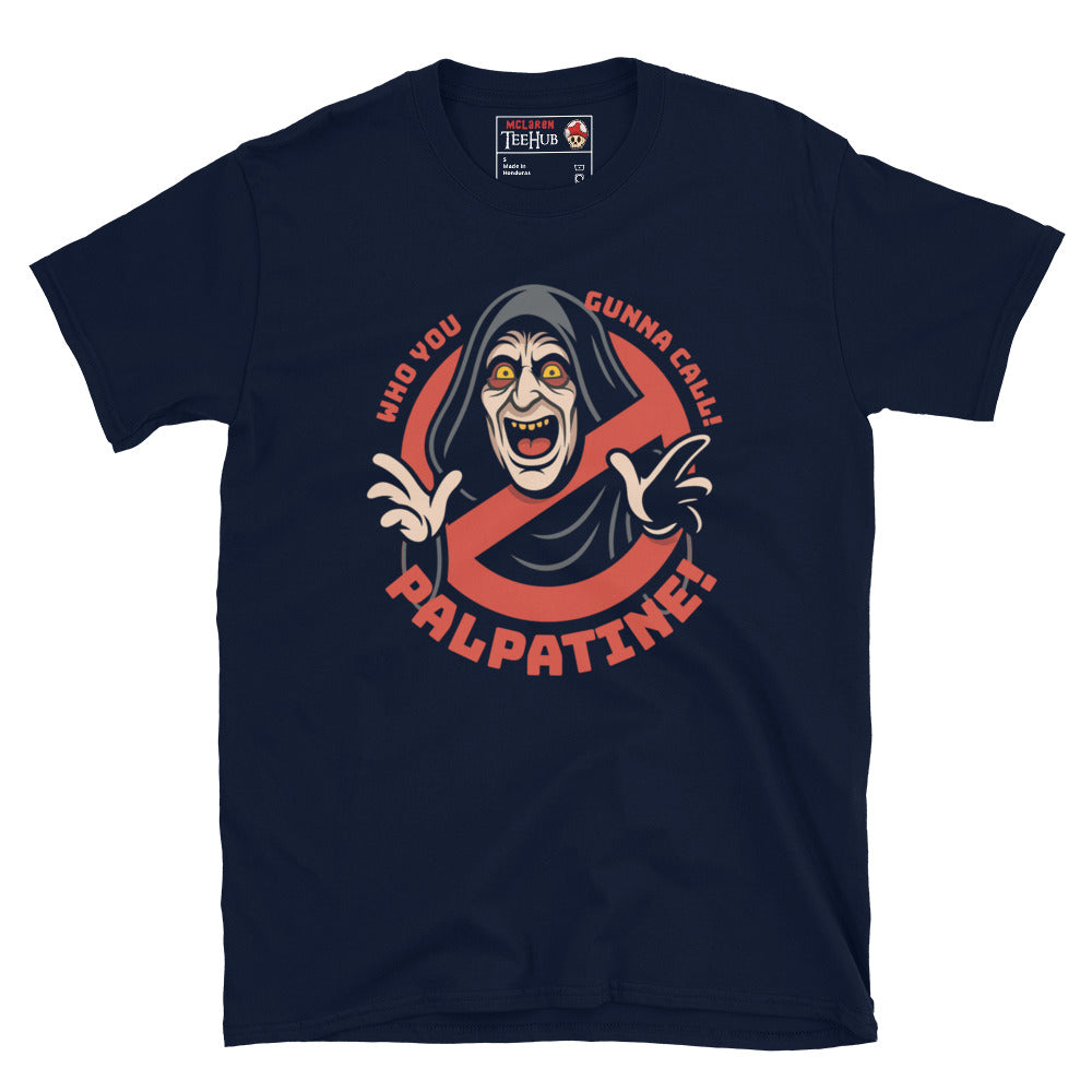 Navy Blue Palpatine Ghostbusters mashup T-shirt featuring Emperor Palpatine in Ghostbusters logo with text “Who You Gonna Call? Palpatine!” – McClaren Tee Hub exclusive.