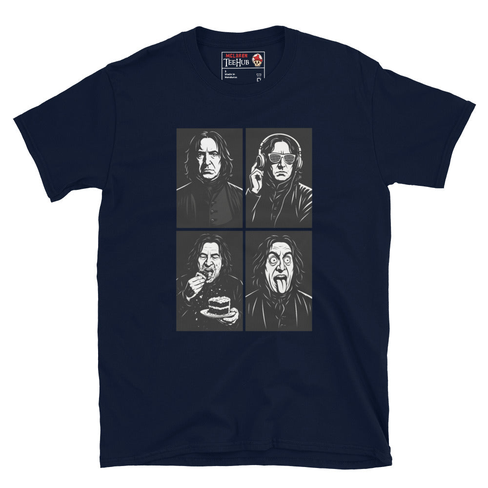 Severus Snape Funny Expressions Navy Blue T-Shirt – DJ, Cake, and Crazy Faces Design"