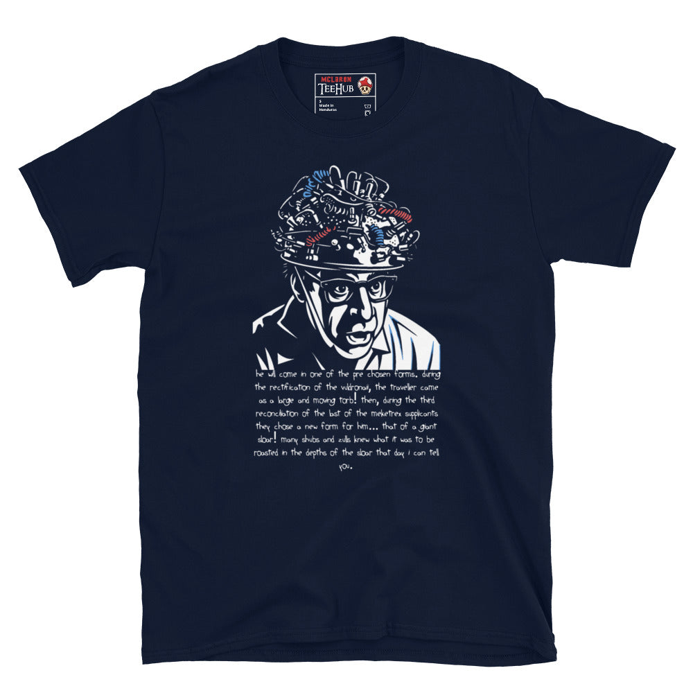 Navy blue Ghostbusters T-shirt featuring Louis Tully with a wired helmet and the Giant Sloar quote, exclusive to McClaren Tee Hub.