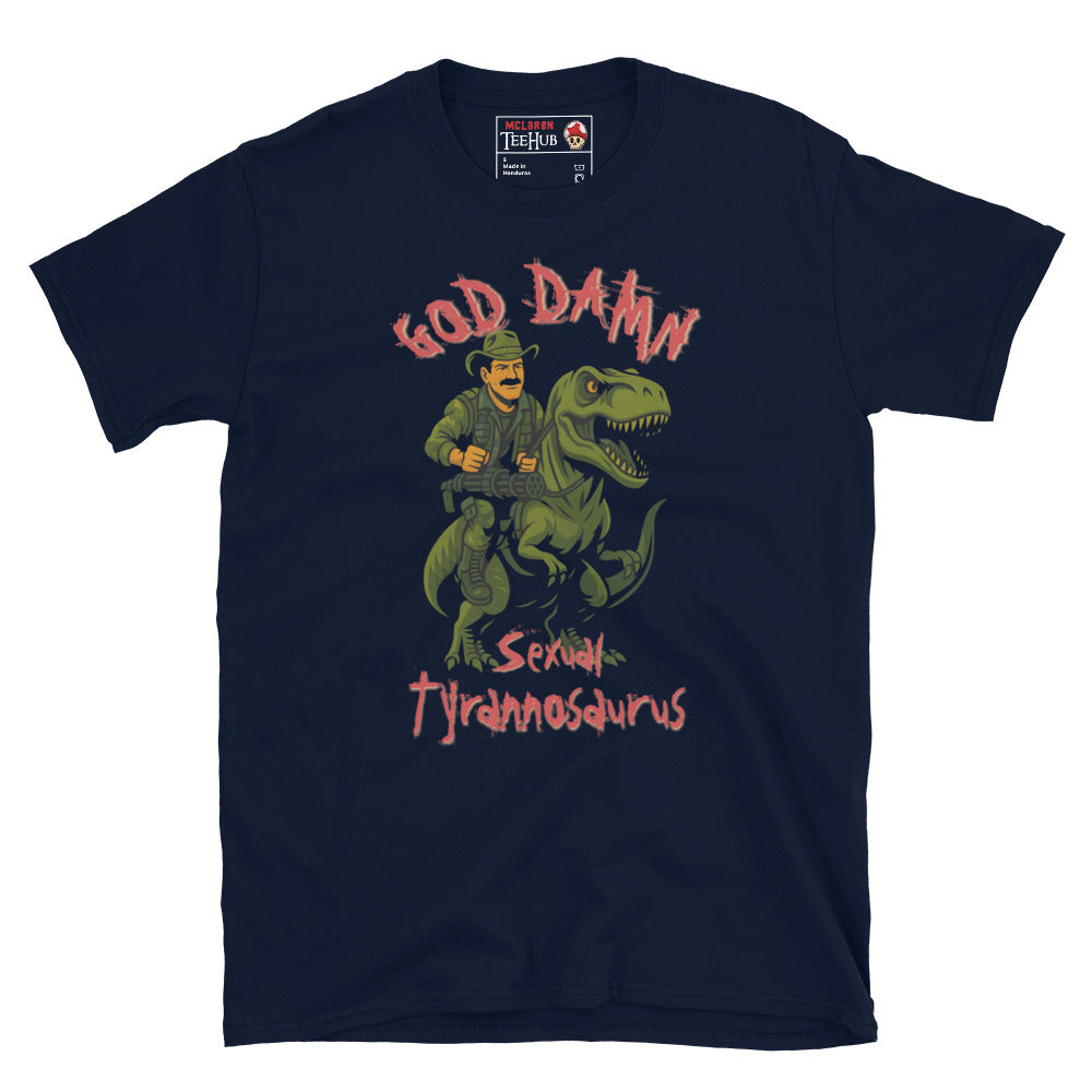 Navy T-shirt featuring Blain from Predator riding a Tyrannosaurus rex – Sexual Tyrannosaurus quote parody