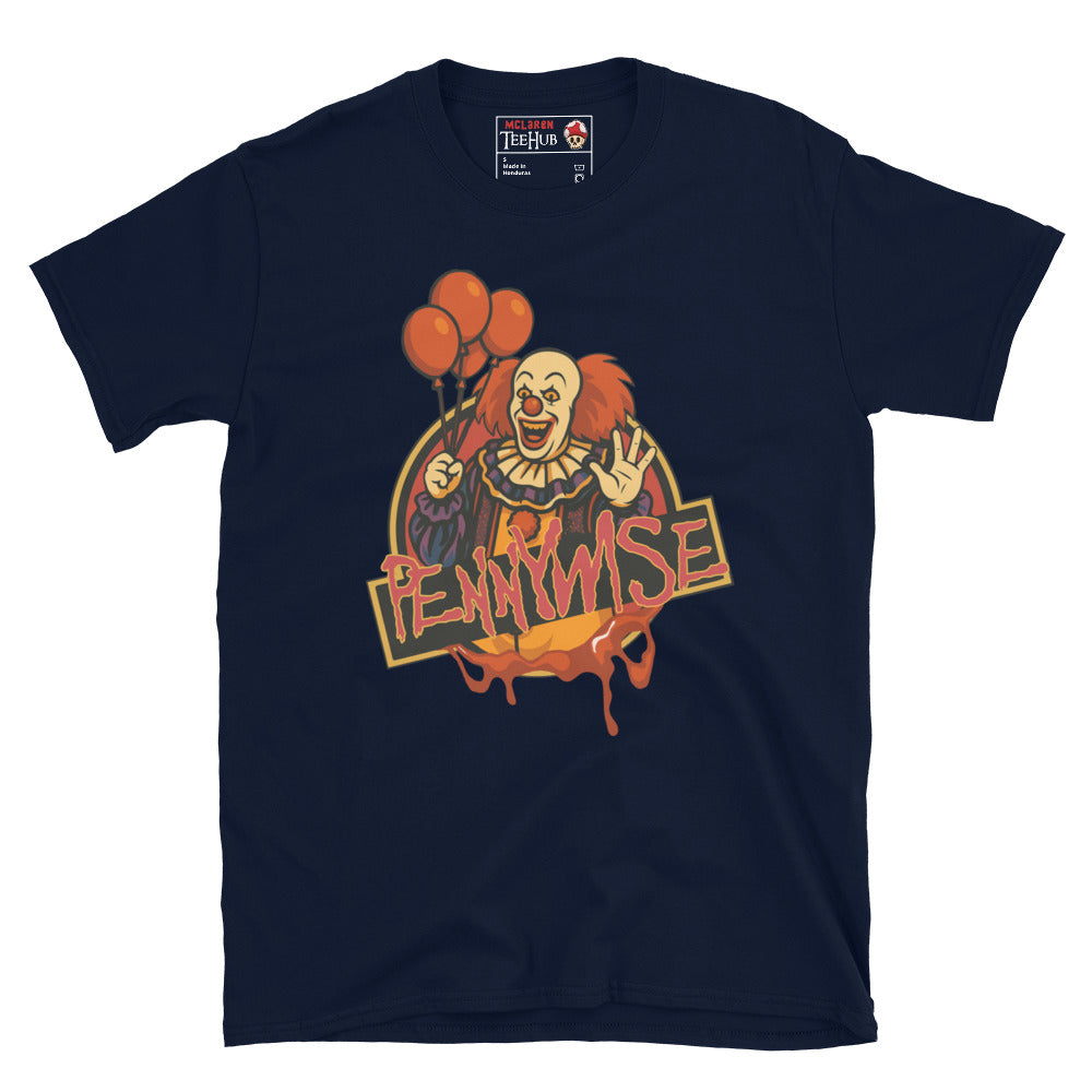 Navy Pennywise horror clown T-shirt with creepy red balloons and dripping retro text design – McLaren T-Hub