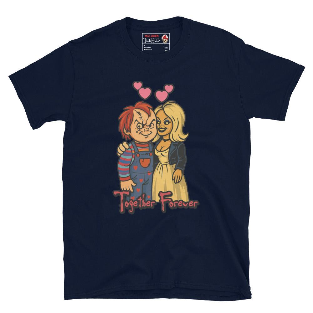Navy T-shirt featuring cartoon-style Chucky and Tiffany with hearts above their heads and the phrase “Together Forever” in horror font