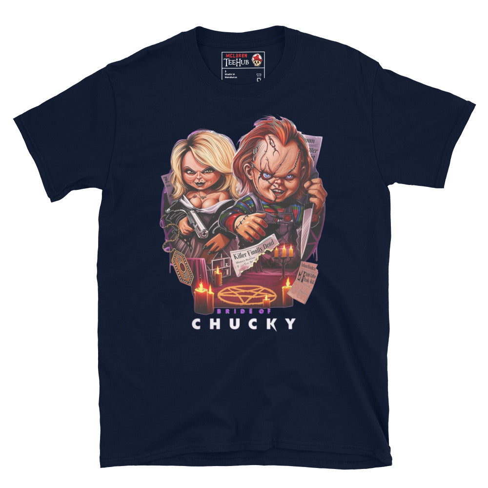 Navy T-shirt featuring a vibrant Bride of Chucky design with Chucky and Tiffany, candles, voodoo symbols, and horror aesthetic