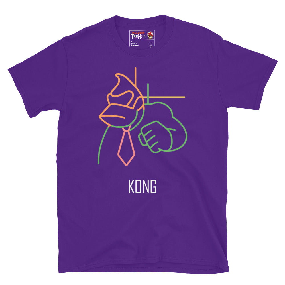Purple t-shirt featuring neon line art of a tie-wearing gorilla with the word "KONG" underneath. Retro gaming style.