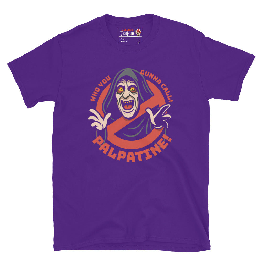 Purple Palpatine Ghostbusters mashup T-shirt featuring Emperor Palpatine in Ghostbusters logo with text “Who You Gonna Call? Palpatine!” – McClaren Tee Hub exclusive.