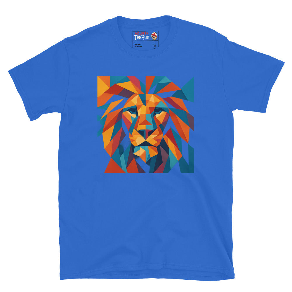 Blue t-shirt with a colorful lion graphic on a white background