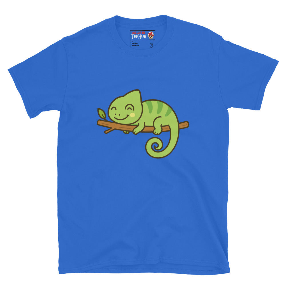 Royal Blue t-shirt with a green chameleon graphic on a white background