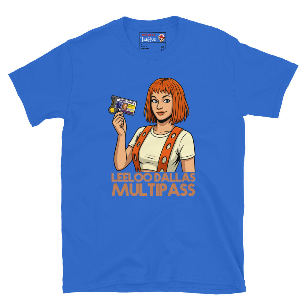 Cartoon-style Leeloo from The Fifth Element holding a multipass with the words “Leeloo Dallas Multipass” on a Royal Blue coloured T-shirt.