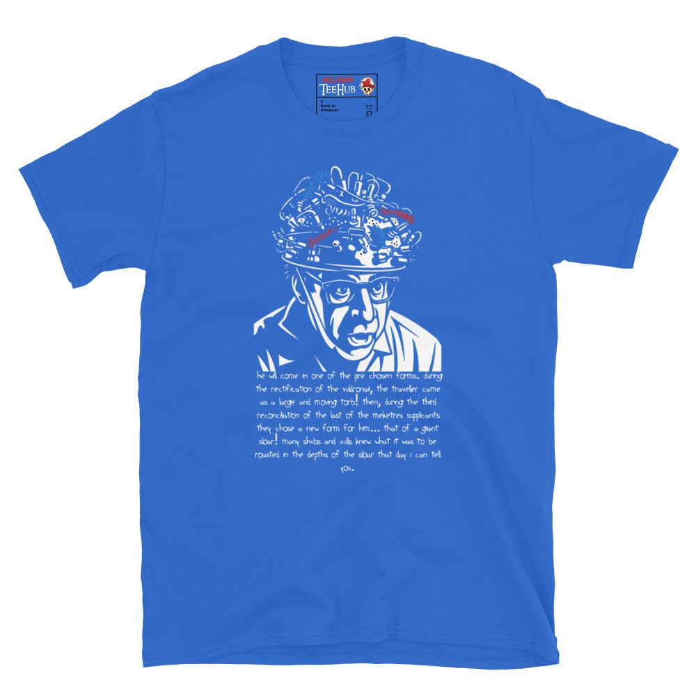 Royal Blue Ghostbusters T-shirt featuring Louis Tully with a wired helmet and the Giant Sloar quote, exclusive to McClaren Tee Hub.