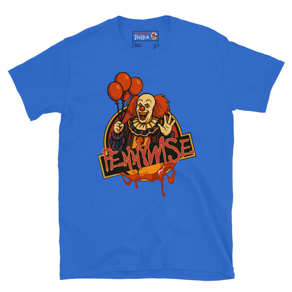 Royal Blue Pennywise horror clown T-shirt with creepy red balloons and dripping retro text design – McLaren T-Hub