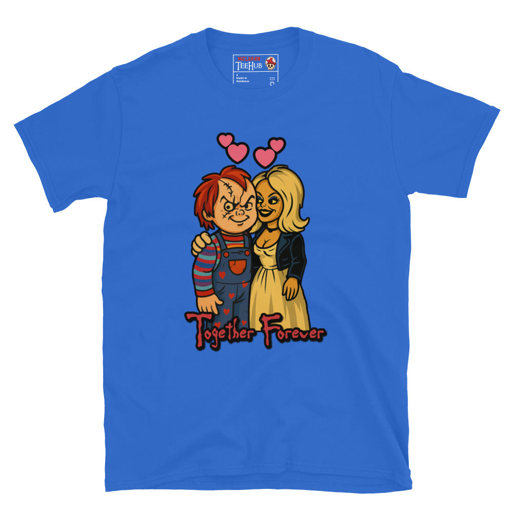 Royal Blue T-shirt featuring cartoon-style Chucky and Tiffany with hearts above their heads and the phrase “Together Forever” in horror font