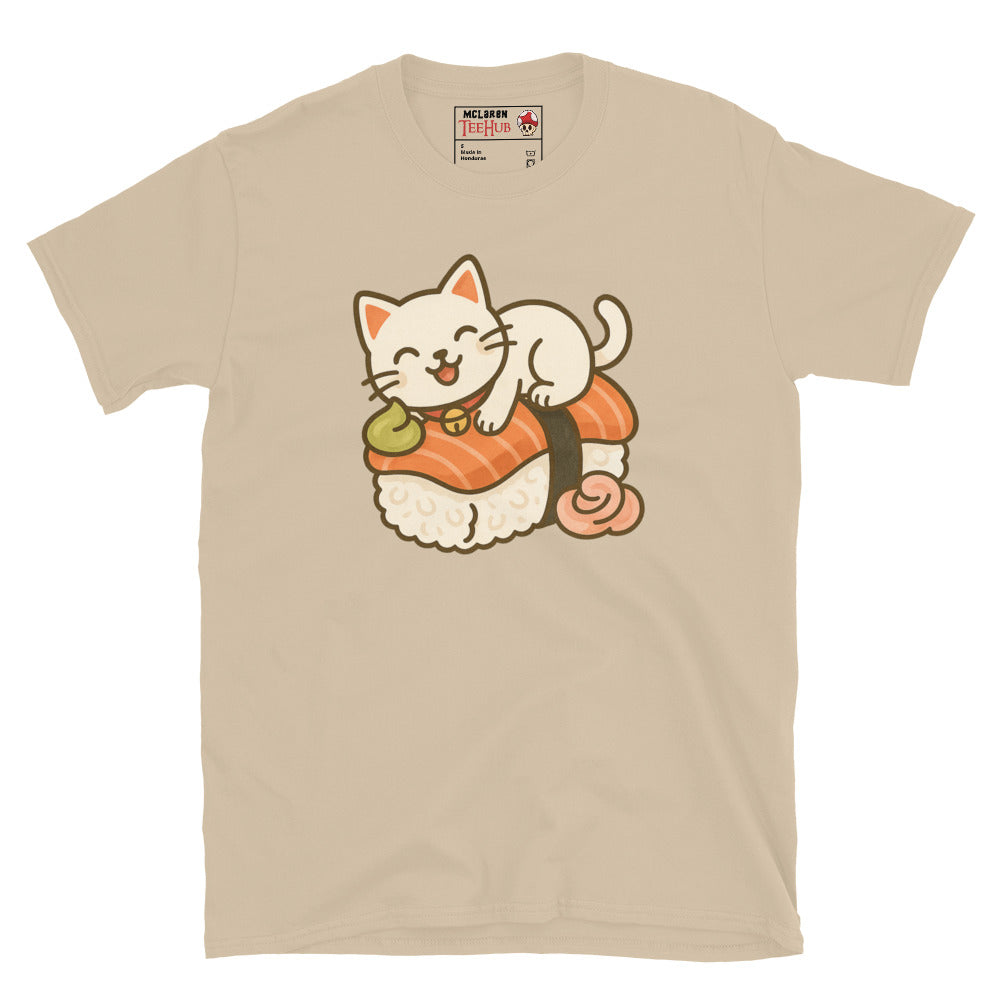 Sand coloured t-shirt featuring a kawaii cartoon cat lounging on a piece of salmon nigiri sushi with wasabi and ginger.