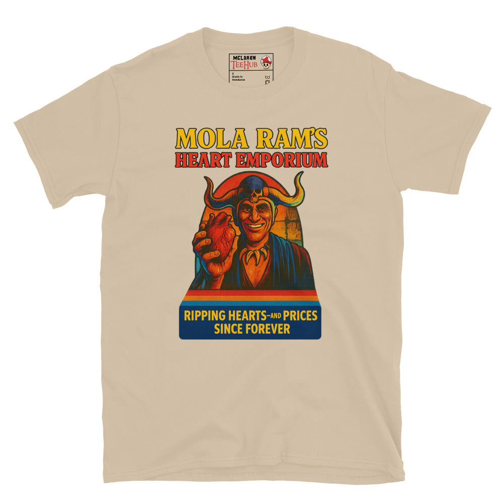 Sand T-shirt featuring a parody ad of Mola Ram holding a heart with the text “Mola Ram’s Heart Emporium – Ripping hearts and prices since forever.”