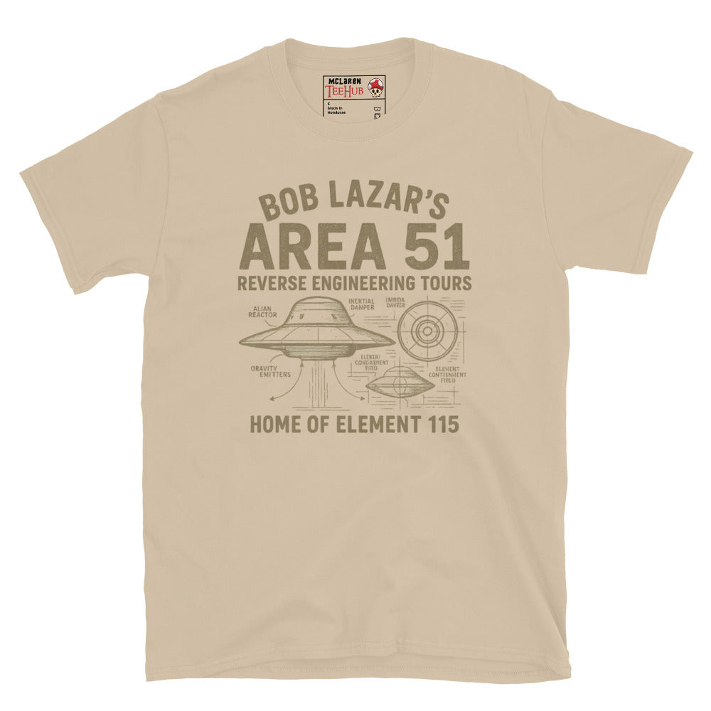 Sand T-shirt featuring a vintage UFO schematic with labeled parts and text: “Bob Lazar’s Area 51 Reverse Engineering Tours – Home of Element 115.”