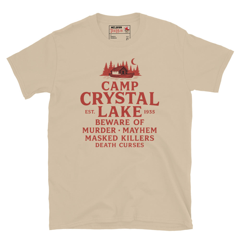 Sand T-shirt featuring a red retro design of Camp Crystal Lake with horror warning text inspired by the Friday the 13th franchise.