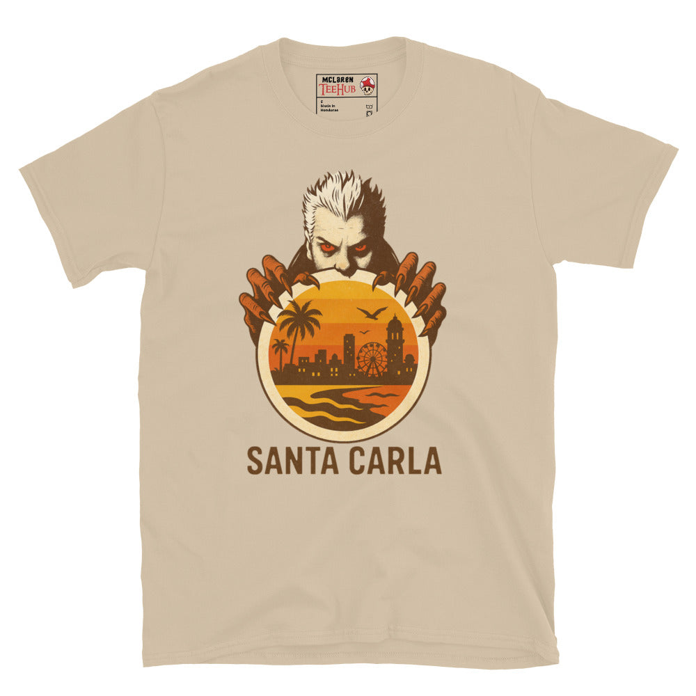 Sand T-shirt featuring a vampire holding a sunset cityscape of Santa Carla, inspired by The Lost Boys movie.