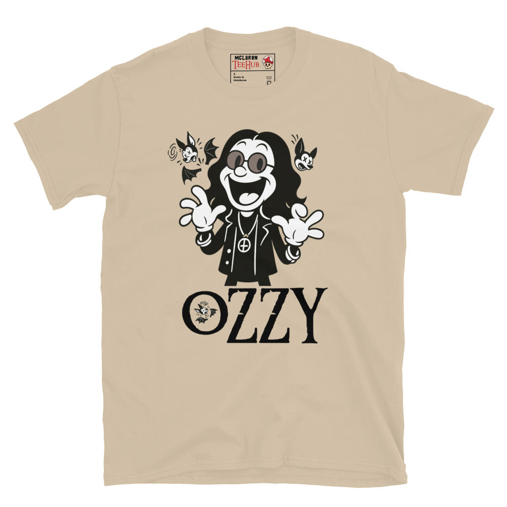 Cartoon Ozzy Osbourne bat T-shirt in retro style – sand colour music graphic tee exclusive to McClaren Tee Hub