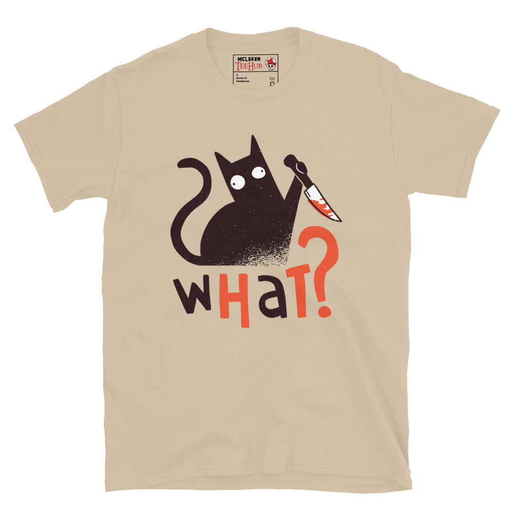 Killer cat graphic tee for horror fans and cat lovers, sand colour T-shirt