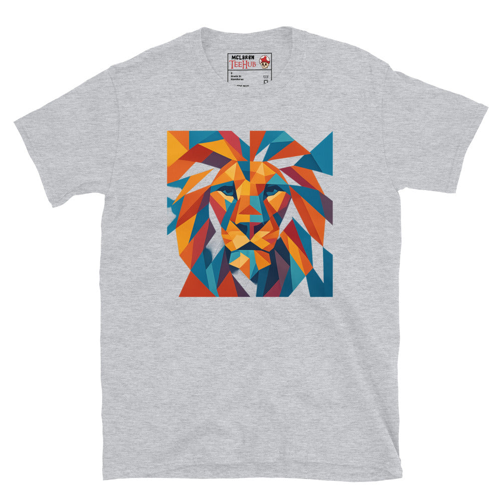 Gray t-shirt with a colorful lion graphic on a white background