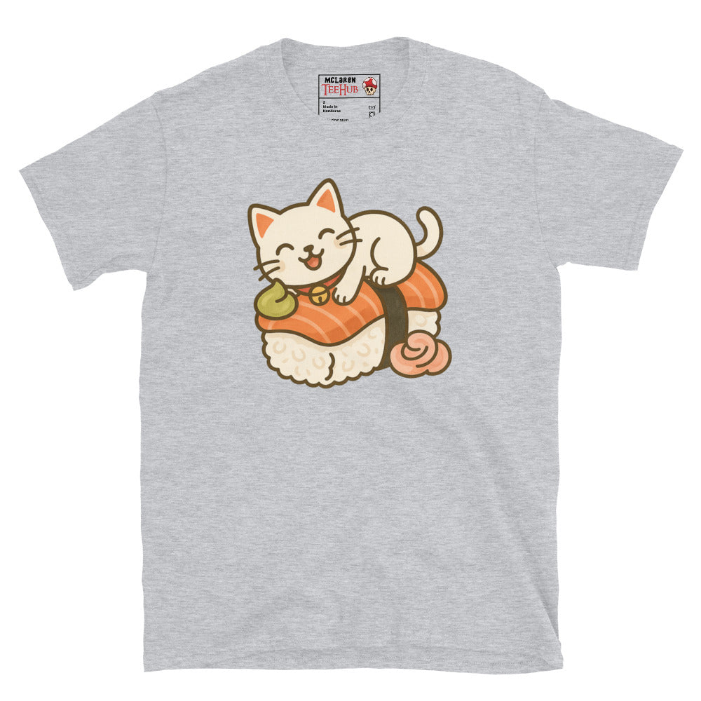 Sports Grey t-shirt featuring a kawaii cartoon cat lounging on a piece of salmon nigiri sushi with wasabi and ginger.