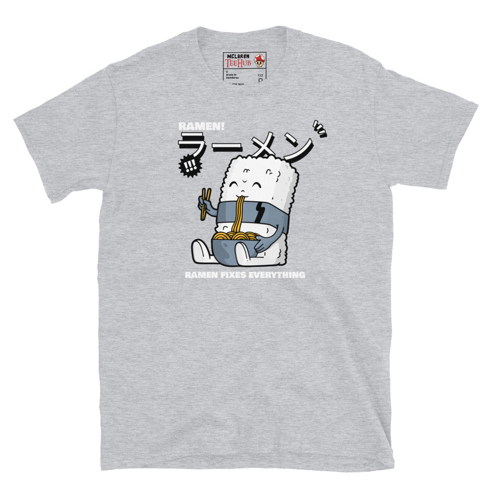 Cute ramen cartoon T-shirt with Japanese text and a rice character holding noodles – "Ramen Fixes Everything" design. Sport Grey